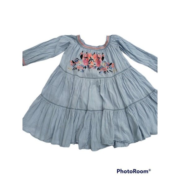 FREE PEOPLE Sunbeams Mini Dress Light Blue Smocked Embroidered Small Boho Dainty - Picture 11 of 12